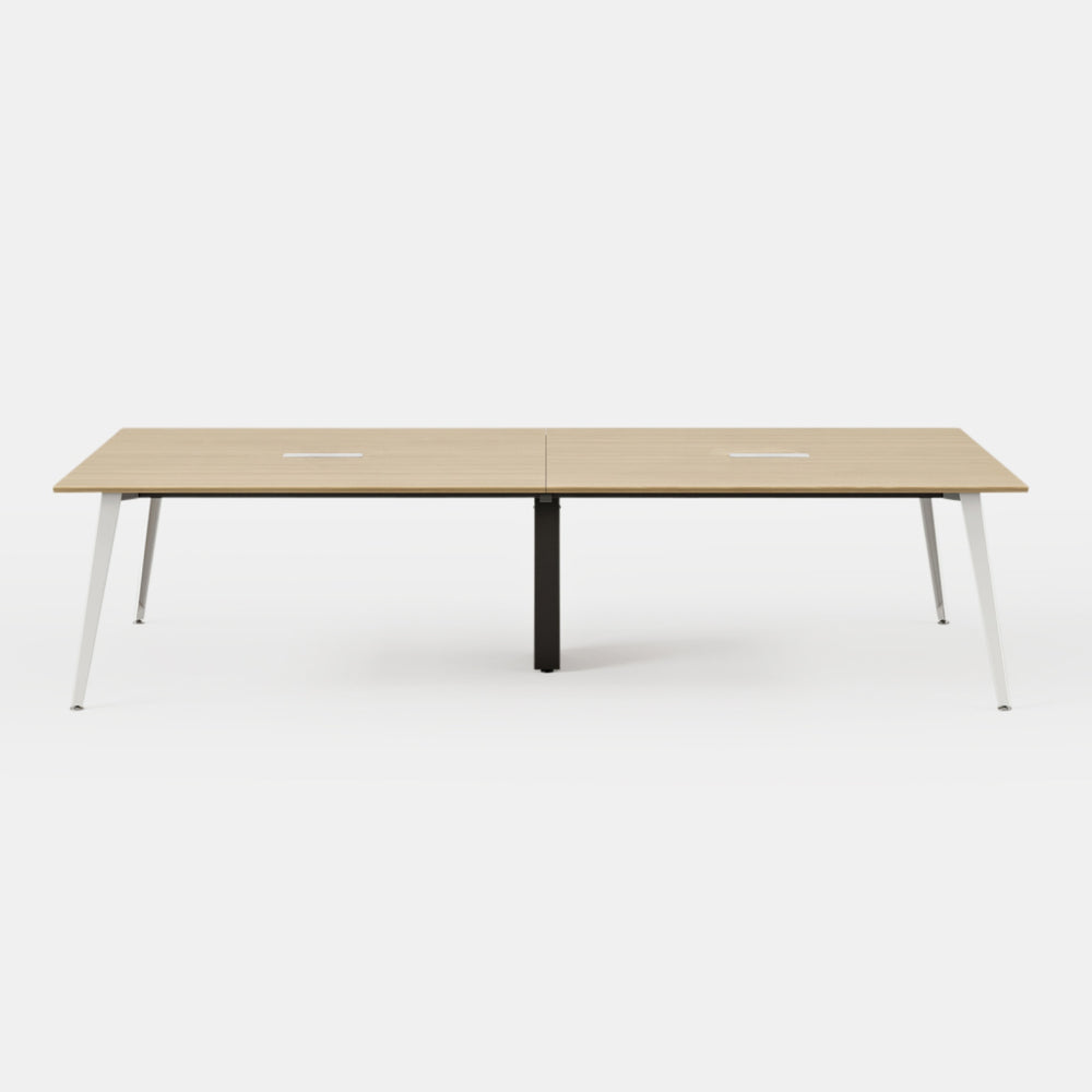 Desk Size:142 inches Table + 10 Chairs; Desk Color:Woodgrain/Powder White; Chair Color:Black