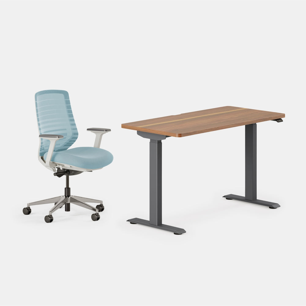 Desk Color:Walnut/Charcoal; Chair Color:Light Blue/White;
