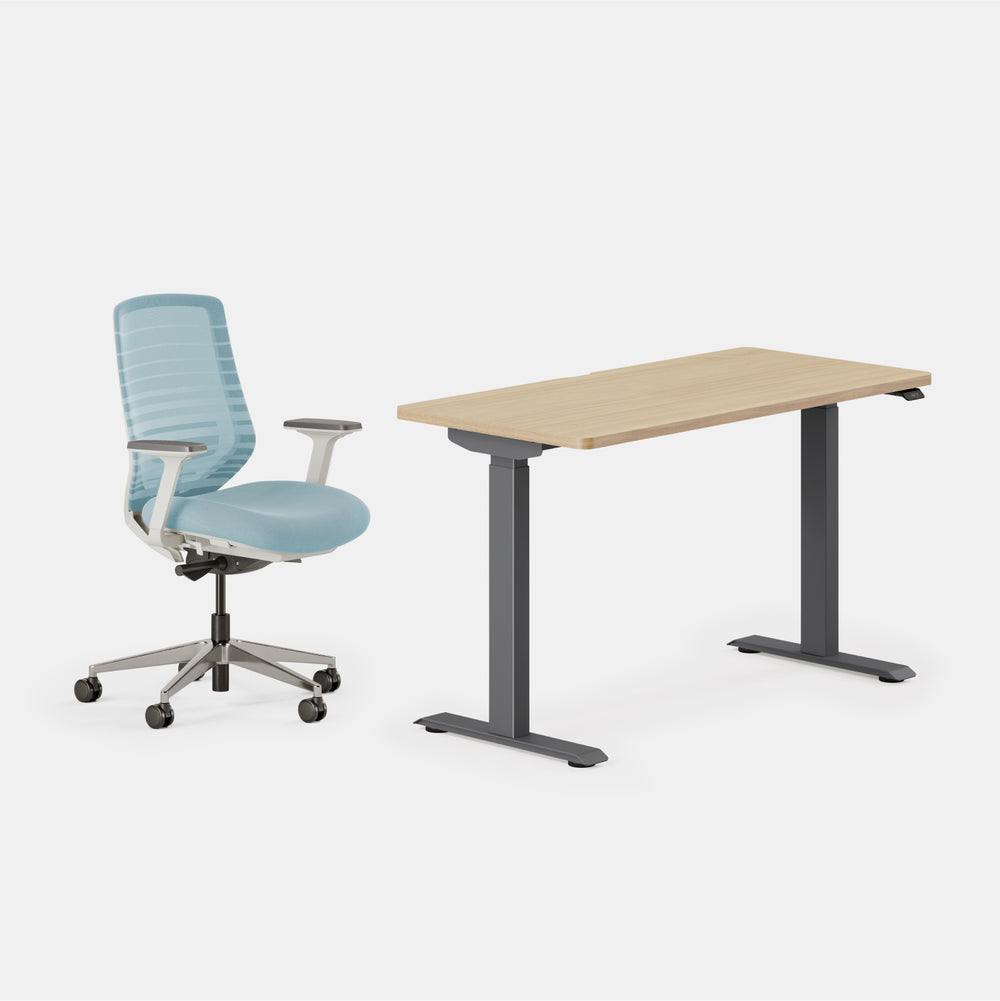 Desk Color:Woodgrain/Charcoal; Chair Color:Light Blue/White;