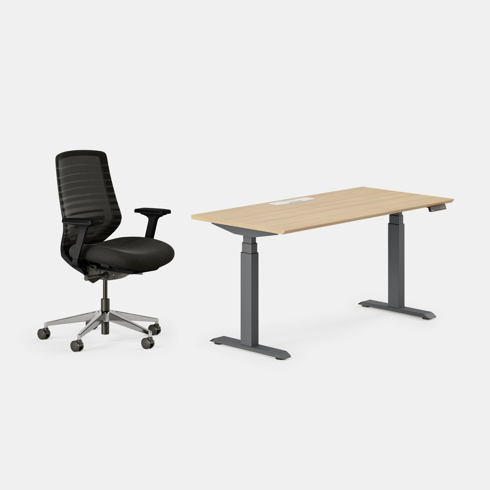 Chair Color:Black/Black; Desk Color:Woodgrain/Charcoal;
