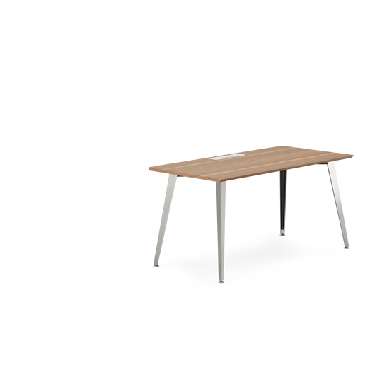 Wooden desk with metal A-frame legs and light wood top